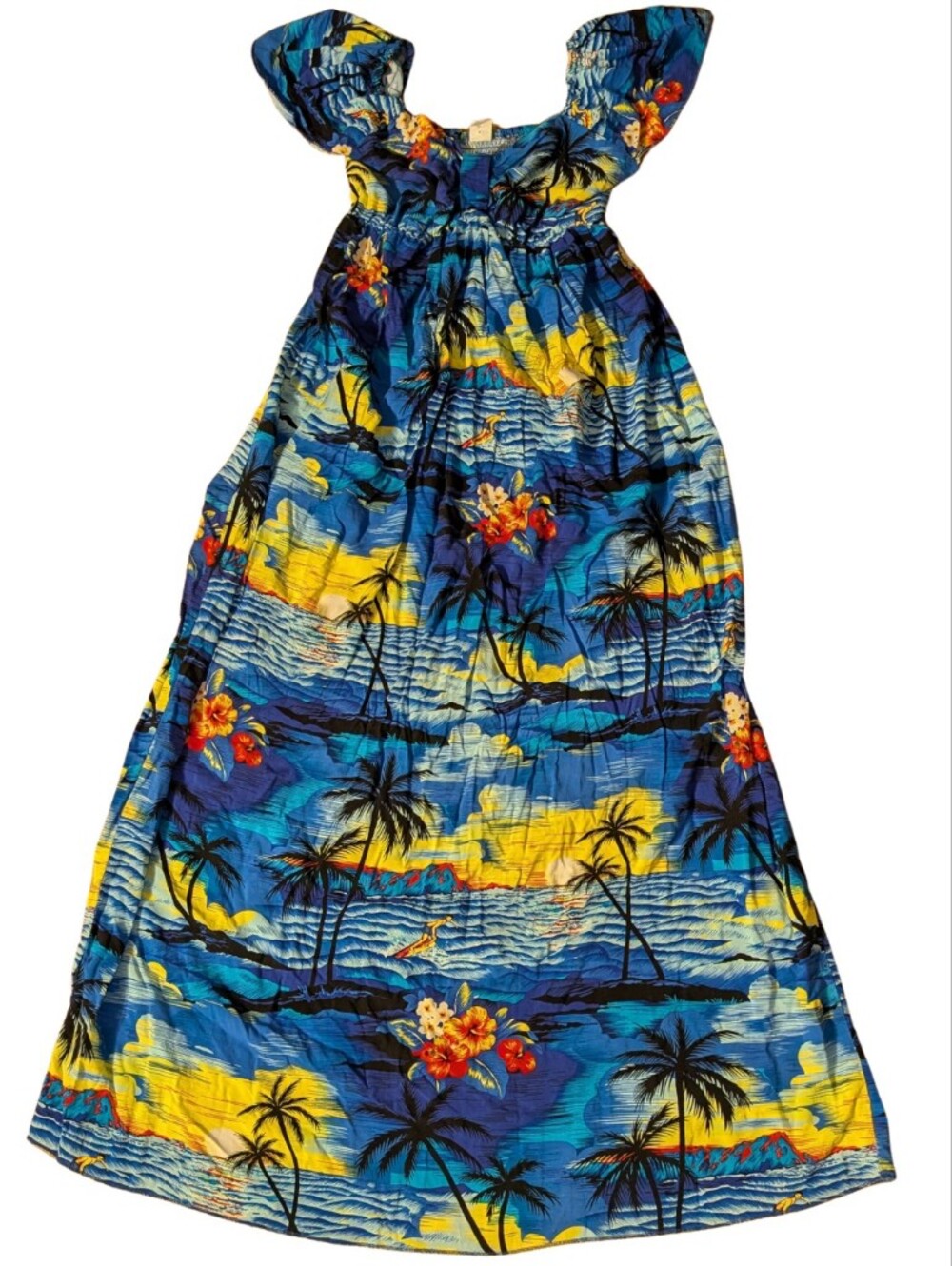 Palmwave Hawaii Sunset Blue Ruffle Maxi Dress Hawaiian Luau Beach One Size